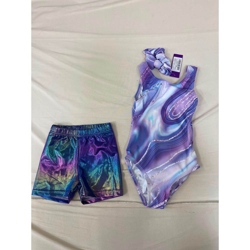 Modafans Girls Gymnastics Leotard Set Purple Marble Sparkle Shorts Scrunchie S